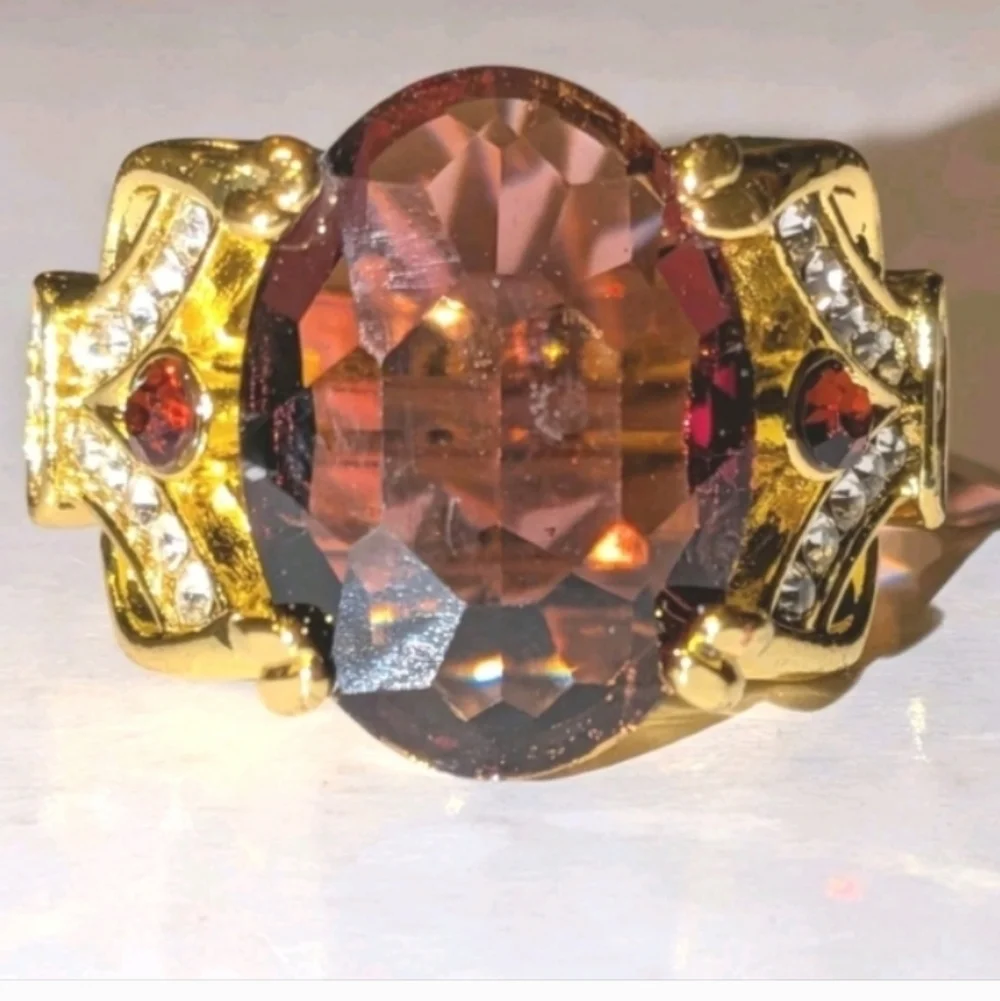 Elegant Gold Plated Cocktail Unisex Ring with Deep Red Gemstone Sz 13